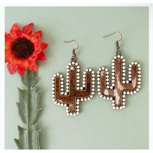 Animal Print Cactus Earrings - Brown and Ivory
